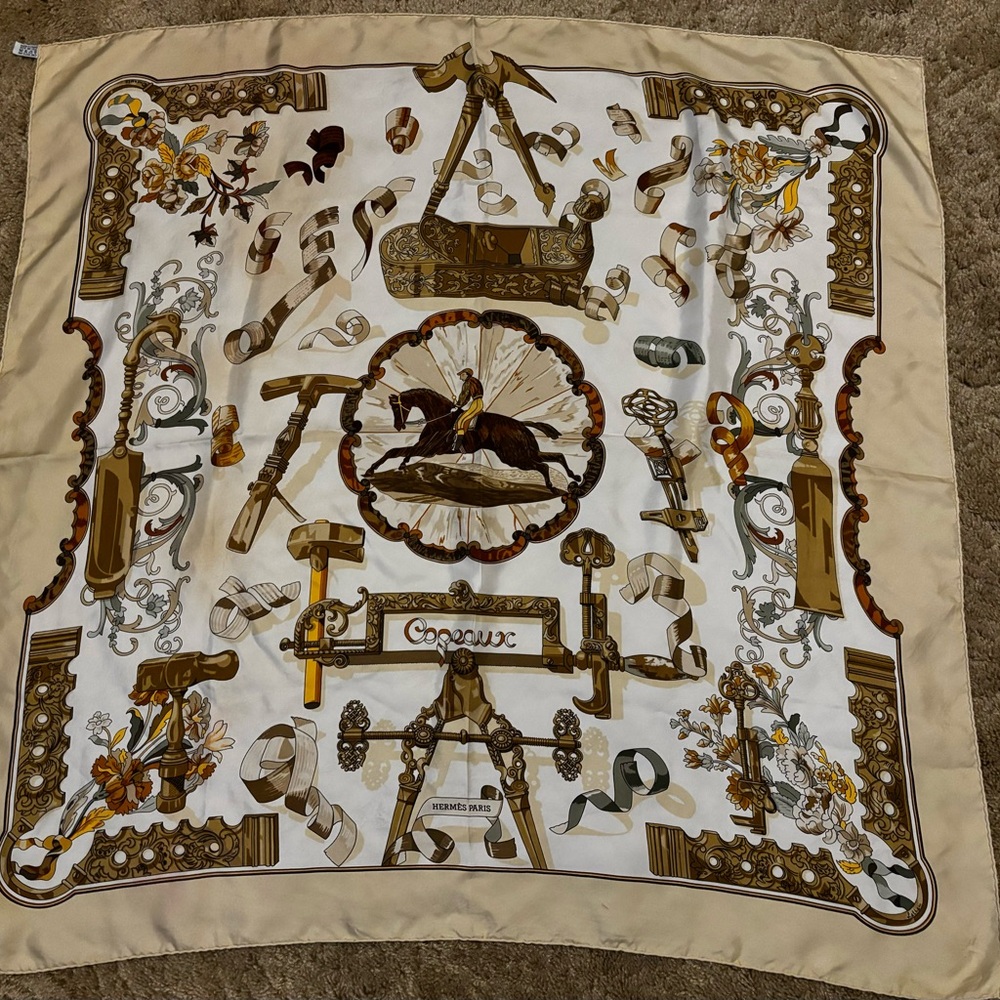 Hermes Silk Scarf in Cream, Brown, Gold